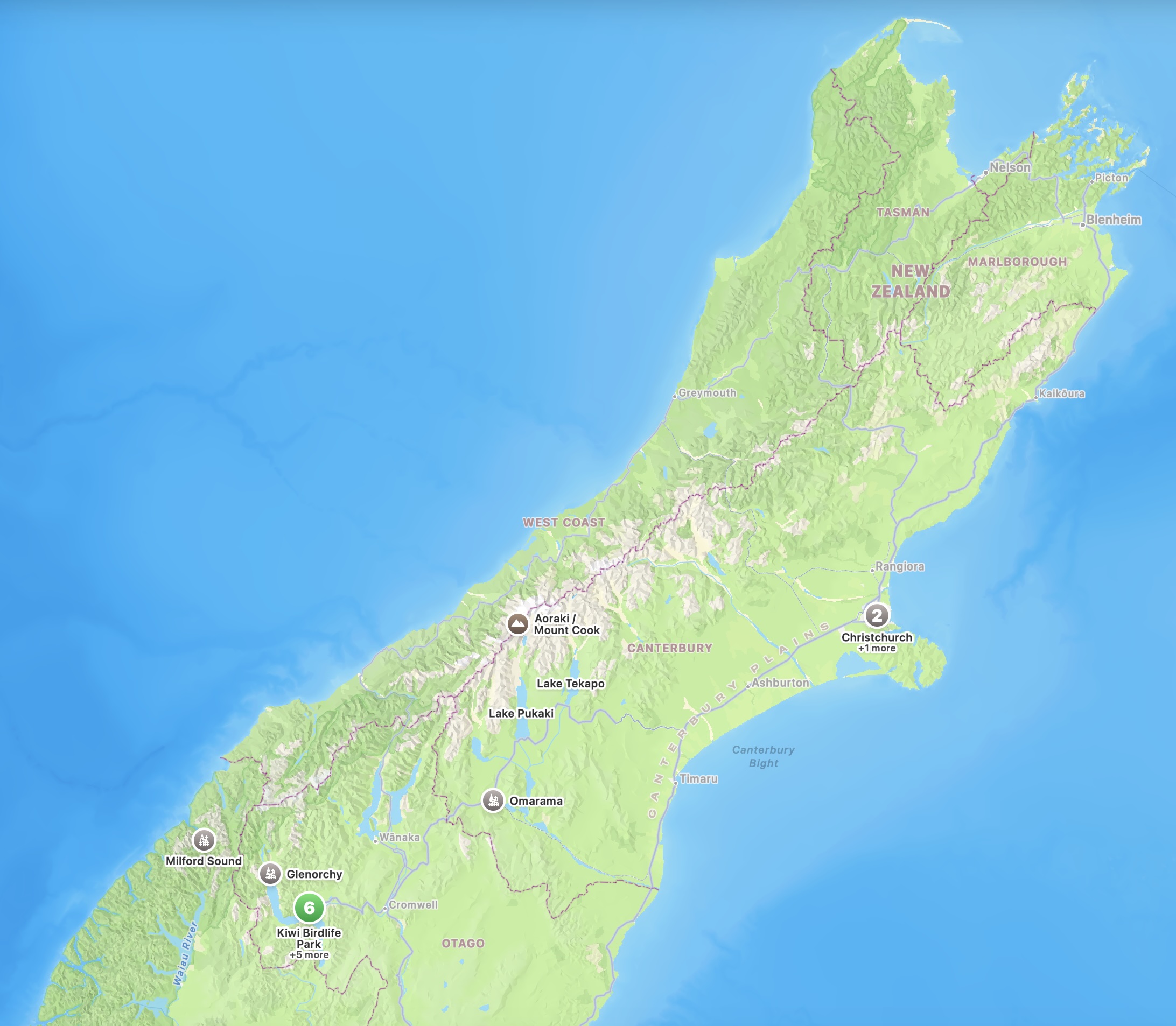 Map of New Zealand's South Island showing Queenstown, Milford Sound, Aoraki/Mount Cook, Lake Pukaki, and Christchurch.